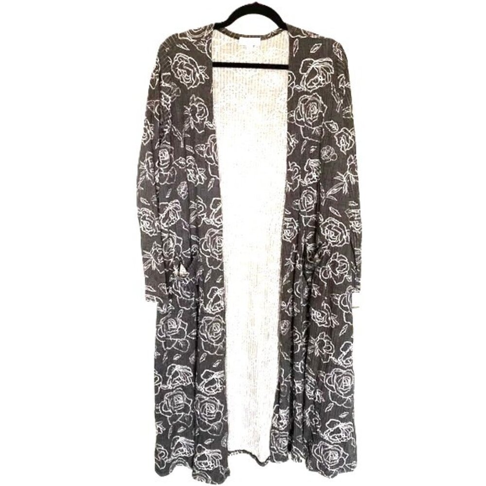 Long Sleeve Cardigan Duster 3XL Ribbed Black Gray White Roses LuLaRoe Sarah
